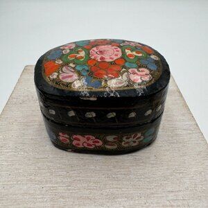 vintage pill box from India Black floral pink orange hand painted